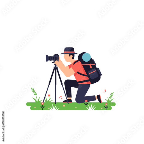Travel photographer kneeling with camera on tripod in nature, capturing landscape.