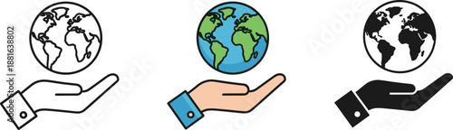 Global environmental protection concept with hands holding earth globe and renewable energy icons.