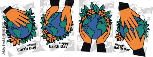 Four square vibrant posters show orange hands gently cradling planet Earth with foliage for Earth Day