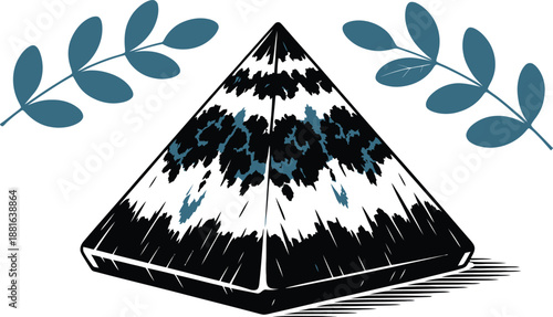 Geometric pyramid showcasing dark blue and white textures with matching leafy embellishments