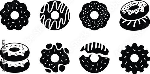 Donut icon set. Vector black glyph silhouettes of sweet glazed bakery desserts.