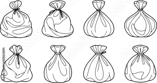 Set of hand drawn outline garbage bags and sacks vector illustration