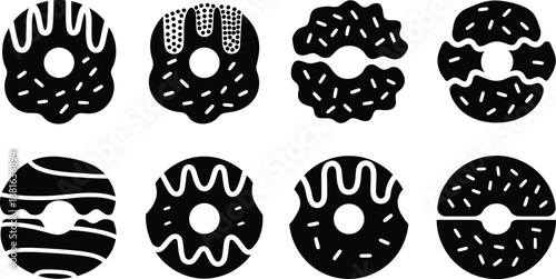 Donut icon set. Vector black glyph silhouettes of sweet glazed bakery desserts.