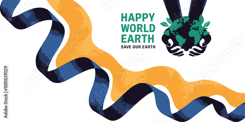 Hands gently holding a green Earth globe with leaves and Save Our Earth text message