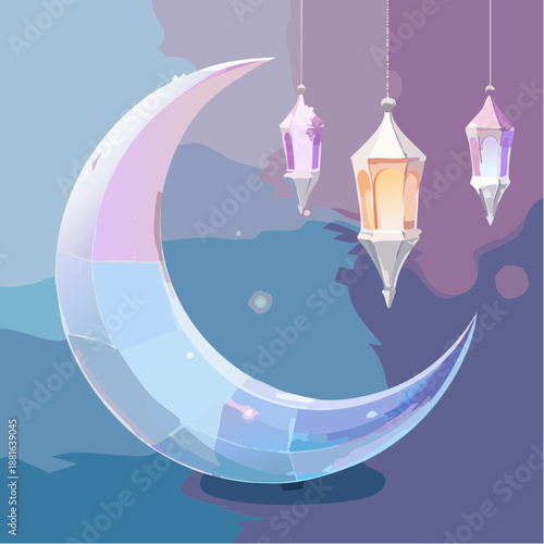 A serene crescent moon with hanging lanterns in a mystical nighttime landscape viewed from a distance
