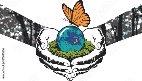 Hands gently hold a small globe with a monarch butterfly perched on moss symbolizing ecological care