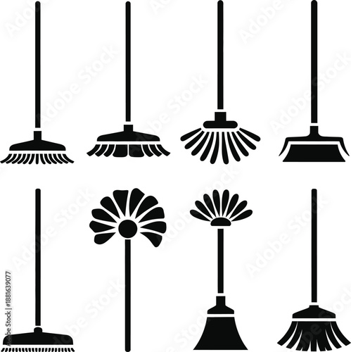 Broom and mop silhouette icon set. Vector cleaning tool collection