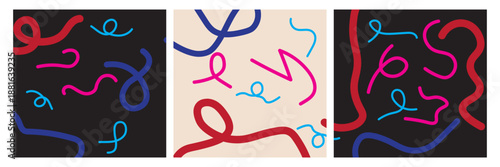 Set of doodle in seamless pattern. Abstract art background vector design with childish scribble, line, wavy, curve in vibrant color. Fun creative illustration for kids, fabric, prints, cover.