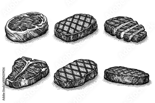 Hand drawn sketches of grilled steak cuts with crosshatch texture