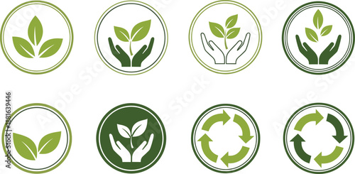 Set of eco-friendly and organic badges with recycling arrows, green leaves, and planet earth symbols.