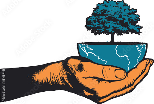 Human hand carefully holds a half globe with a vibrant tree growing from its surface