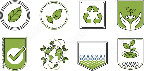 Set of eco-friendly and organic badges with recycling arrows, green leaves, and planet earth symbols.