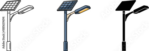 Solar powered street lamp icon set with renewable energy panel for smart city lighting
