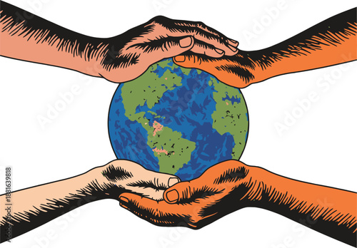 Multiple diverse hands from different people embrace a vibrant colorful globe representing planet Earth