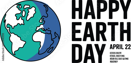 Outlined Earth globe with blue and teal waters celebrates Happy Earth Day