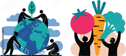People engage in environmental efforts, planting a tree on the globe and proudly displaying fresh vegetables
