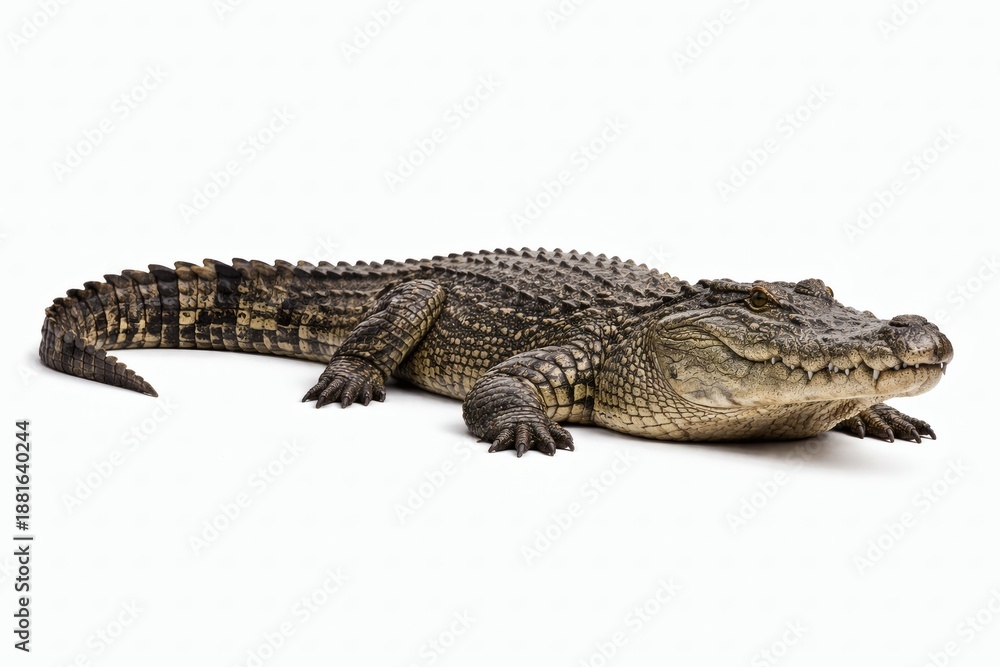 Fototapeta premium Majestic Crocodile Lying Flat Head Slightly Raised Isolated on White Background with Extreme Realism