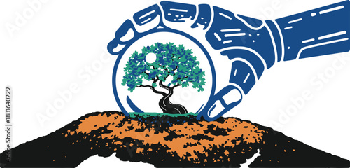 Robotic hand gently holds a glass sphere containing a vibrant green tree planted in rich soil