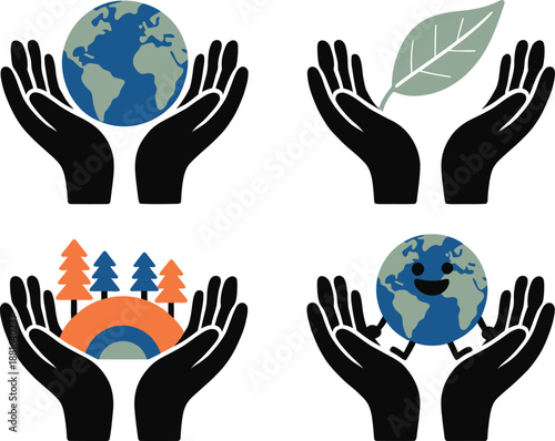 Set of four illustrations showing cupped hands protecting Earth, nature, and green elements