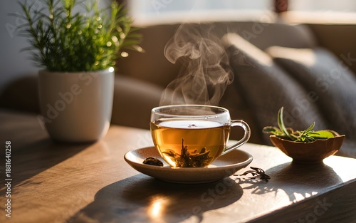 Steaming cup of tea on wooden table