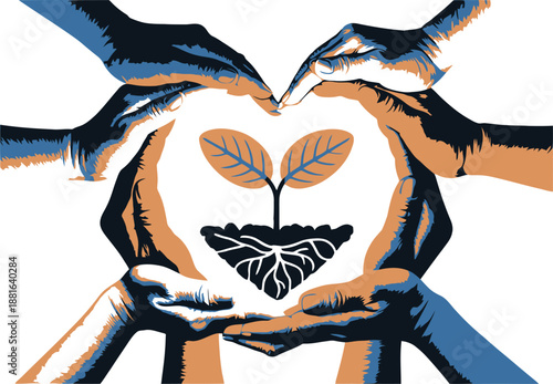 Several hands collaboratively form a heart shape around a new green seedling with visible roots