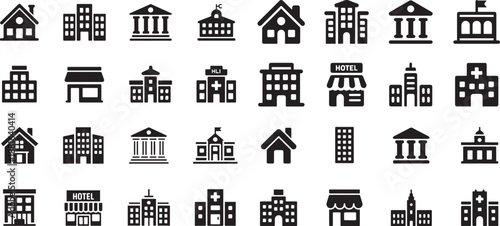 Building icon set. Containing house, office, bank, school, hotel, shop, university and hospital icons. Solid icon collection