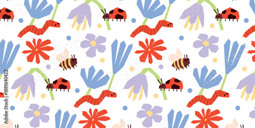 Seamless Pattern With Bright Red, Blue And Purple Flowers, Bees, Ladybugs And Worms. Geometric Shapes, Funny And Colorful Childlike Doodle Insects. Wrapping Paper Design