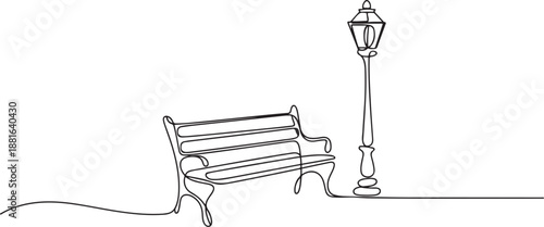 Continuous line drawing of Bench and lantern in park.one line vector illustration with white background