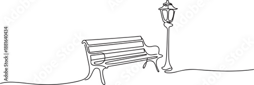Continuous line drawing of Bench and lantern in park.one line vector illustration with white background