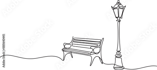 Continuous line drawing of Bench and lantern in park.one line vector illustration with white background