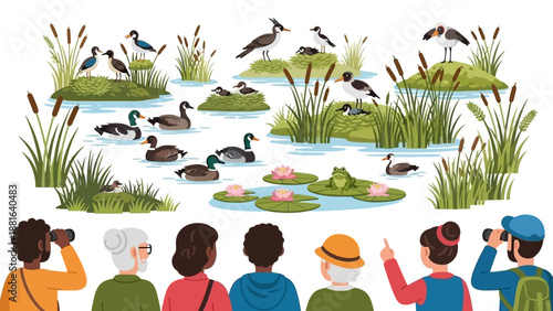 Illustration of a diverse group of people observing and photographing various ducks and birds in a wetland ecosystem on World Wetlands Day.