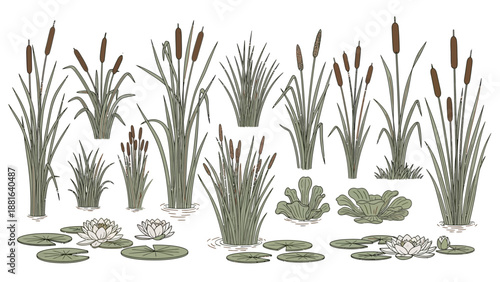 Illustration of various cattails, lily pads, and water lilies on a white background, symbolizing World Wetlands Day with a natural and serene mood.