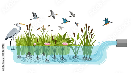 Illustration of a wetland ecosystem with a heron, various birds, and aquatic plants, symbolizing World Wetlands Day conservation efforts in a natural, serene environment.