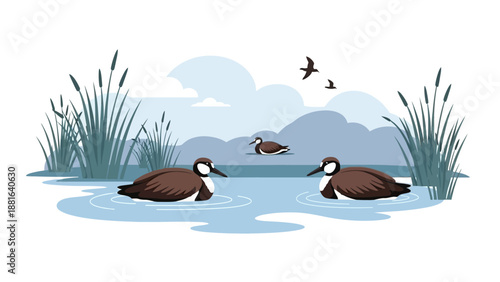Illustration of geese swimming in a serene wetland on World Wetlands Day with a peaceful natural background and water plants.