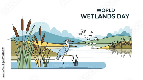 Illustration of a heron standing in shallow water with cattails and hills in the background, celebrating World Wetlands Day with a serene natural landscape.