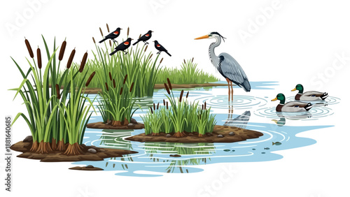 Illustration of a serene wetland scene with a heron standing among cattails and waterfowl swimming in the calm waters on World Wetlands Day.