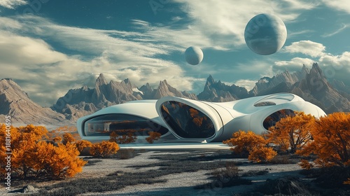 Futuristic house on mountain with alien planet in sky. Sci-fi landscape with modern architecture