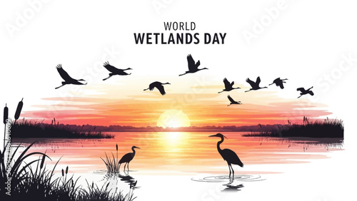 Illustration of birds flying over a serene wetland at sunset with silhouetted trees and grass, celebrating World Wetlands Day with a warm orange and pink sky.
