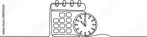 Continuous one single line drawing of calendar and clock icon.one line vector illustration with white background