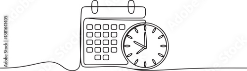 Continuous one single line drawing of calendar and clock icon.one line vector illustration with white background