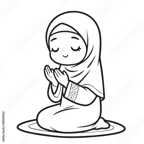 Cute girl is praying ramadhan coloring pages coloring book logo icon vector illustration Ramadan Mubarak  kareem, Eid Al fitr Islamic moslem