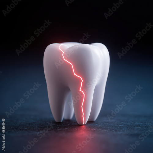 white tooth model with a vivid red glowing crack down the center symbolizes dental damage, pain, or oral health issues in a dramatic and visually striking way