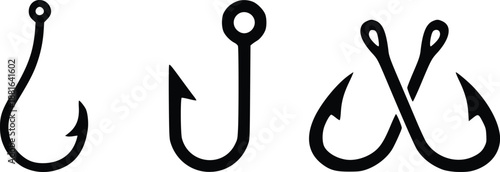 Set of fishing hook icons isolated on white background. Vector illustration of black fishhook silhouettes in various shapes.