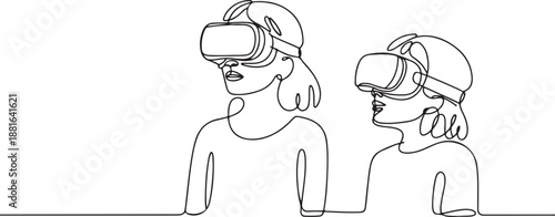 drawing girl and girl in glasses device virtual reality.one line vector illustration with white background
