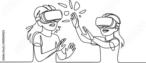 drawing girl and girl in glasses device virtual reality.one line vector illustration with white background