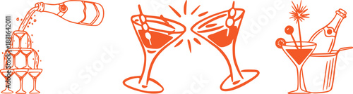 Set of three hand-drawn orange cocktail and champagne party illustrations: champagne tower, martini toast, and bottle in ice bucket.