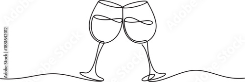 Hand drawn wine clinking glasses one line art continuous drawing contour.one line vector illustration with white background