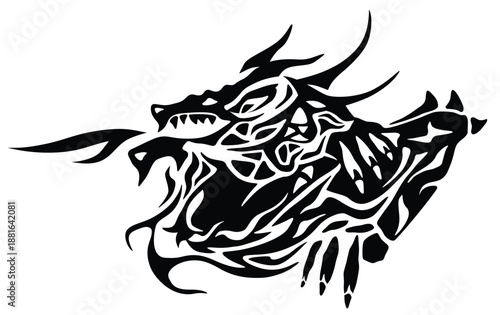 Dragon black silhouette isolated on white background. Mythical snake, chinese traditional design. Vehicle sticker and decal or tattoo template in tribal style. Vector illustration