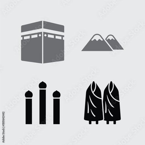 Islamic religious landmarks with Kaaba, mountains, and forest landscape icons