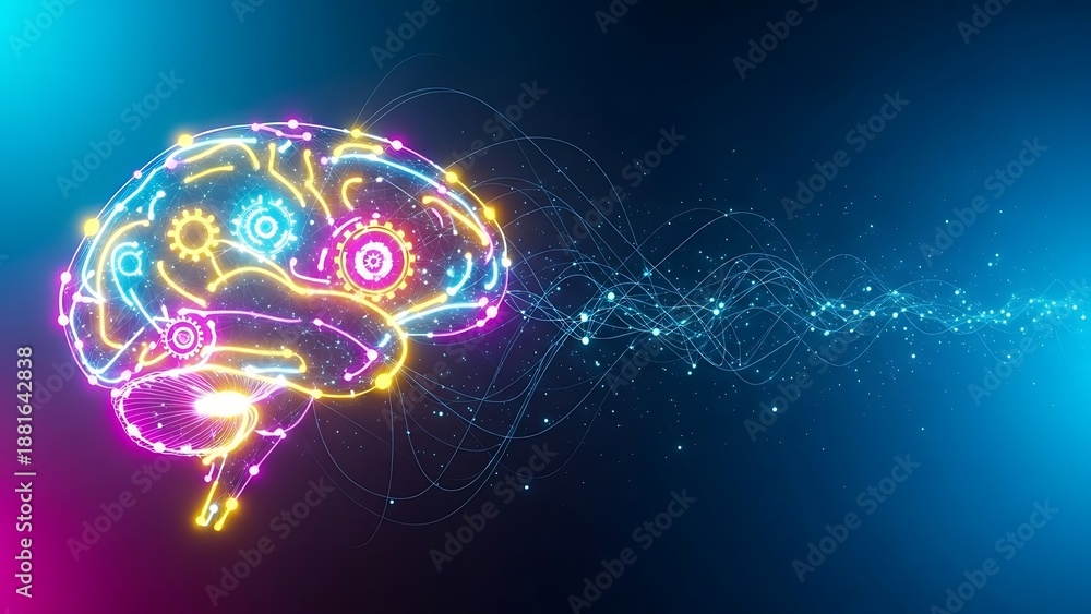 Obraz premium Neon brain with glowing lines and gears on dark background